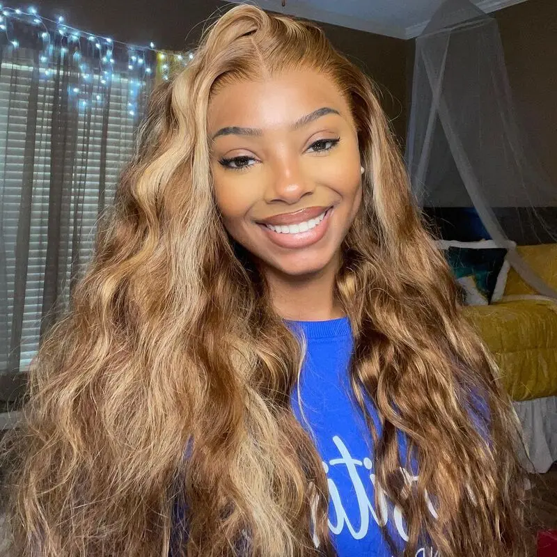 13x4 Highlight Ombre Body Wave Lace Front Wigs Human Hair Pre Plucked 4/27 Colored Wigs Body Wave Honey Blonde Lace Frontal Wigs