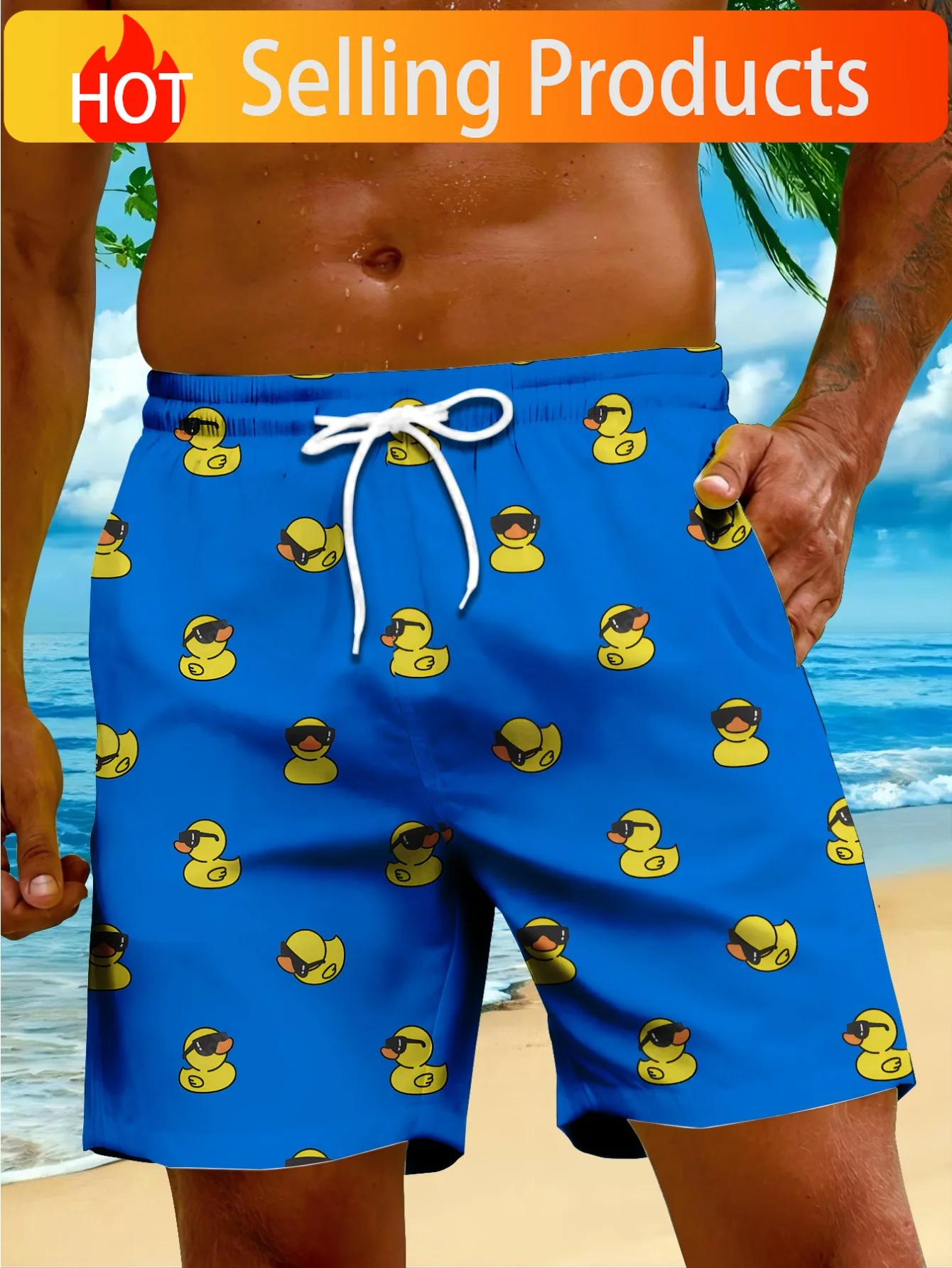 Men's Summer Shorts with Blue Base, Fashion Glasses, and Little Yellow Duck Print - A Must-Have Vacation Style for Fun Summer Fa