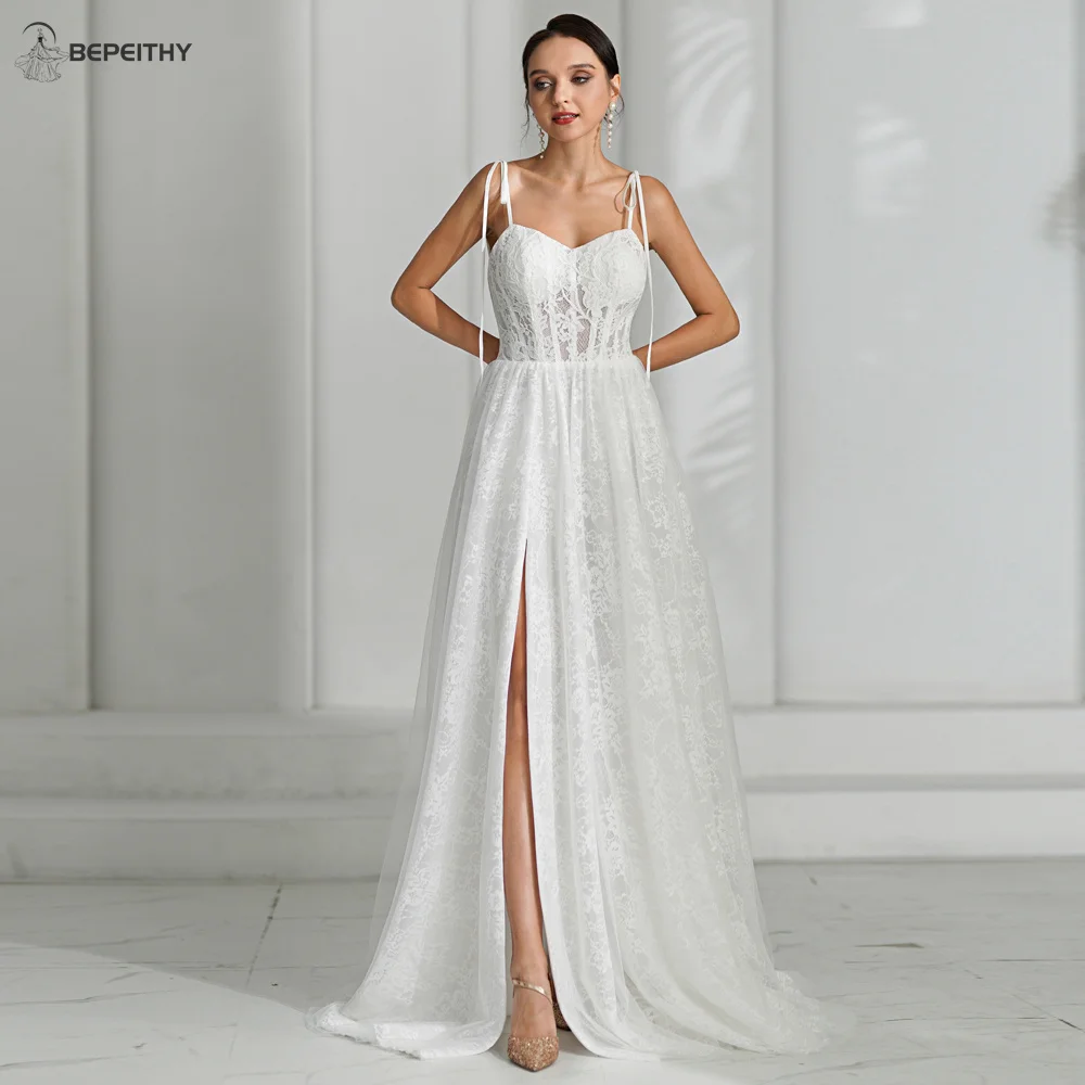 BEPEITHY Boho Lace Wedding Party Gown For Women 2024 Sleeveless Sexy High Slit Floor Length Bride Ivory Bridal Gown New Arrival