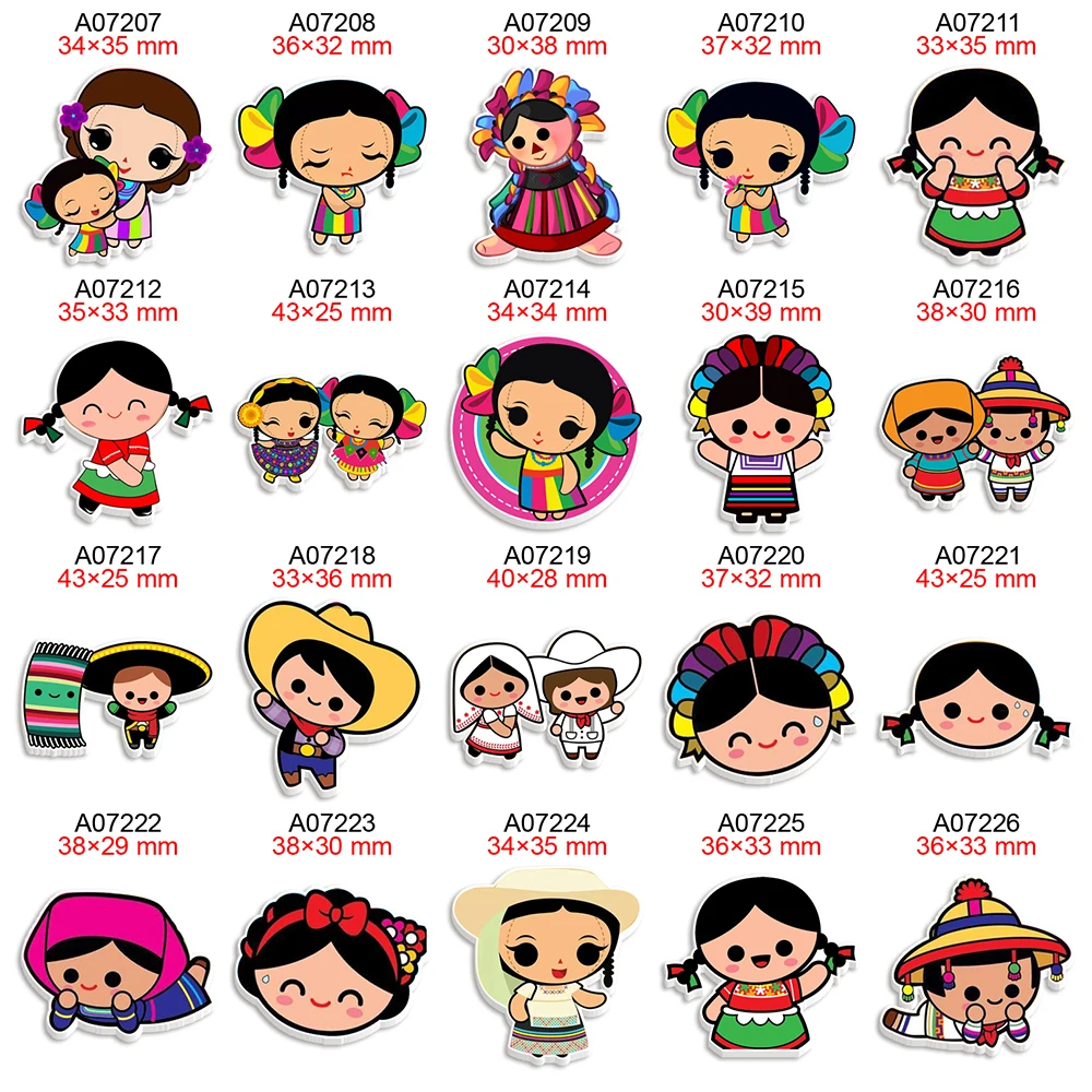 Acrylic Mexican Girl Cartoon Printed Flatback Planar Resin Cabochon for DIY Bows Party Craft Supplies Handmade Material