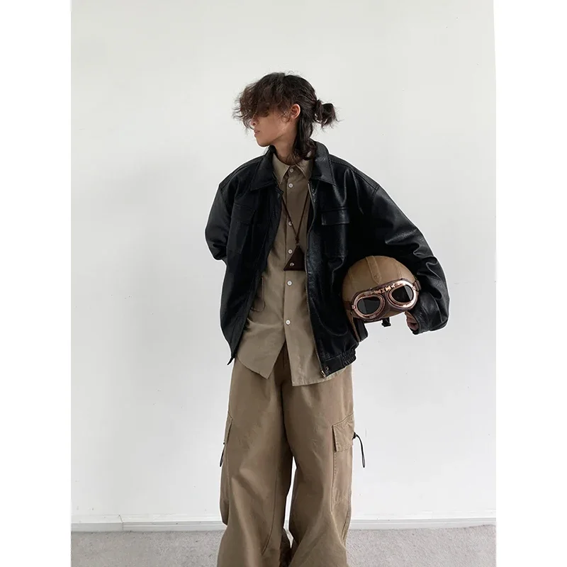 Retro Cargo Set Men Women Harajuku Loose Motorcycle Pu Leather Jacket+wide Leg Straight Casual Pant Autumn Unisex Two-piece Suit