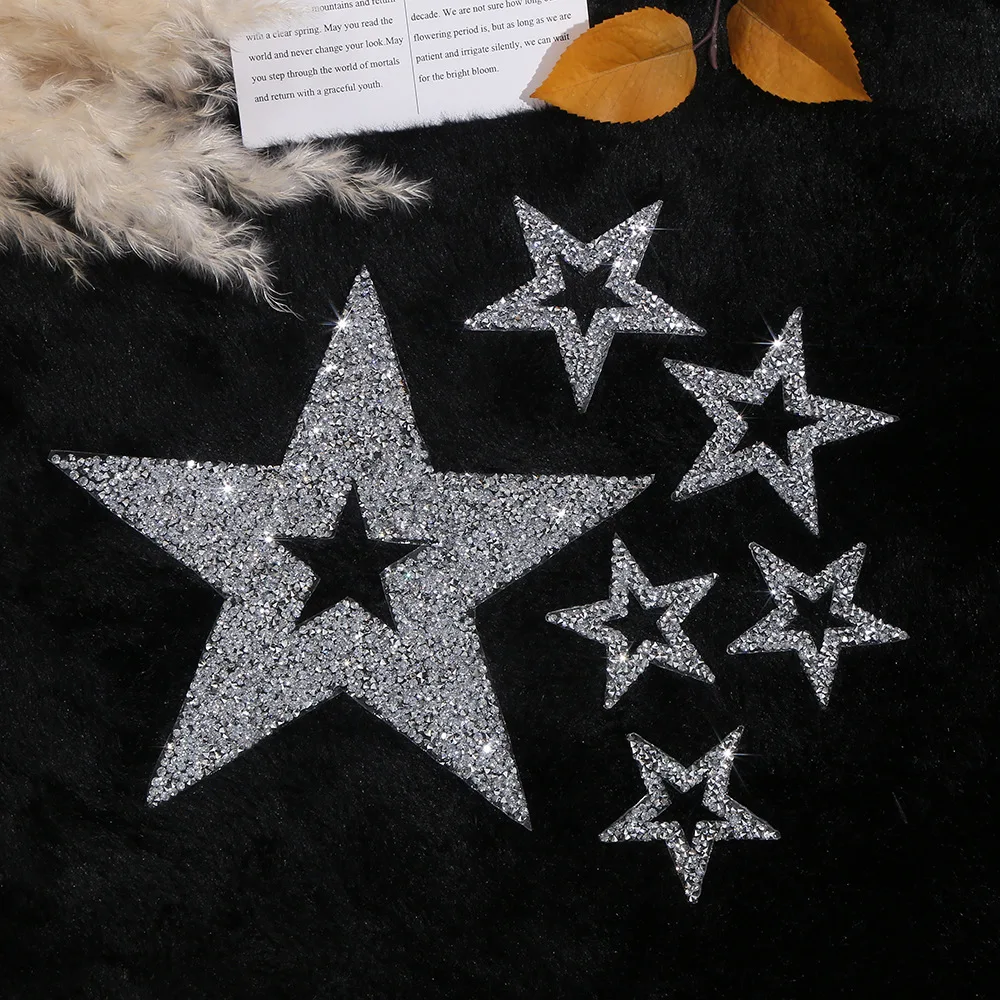 1pcs 20cm/8cm/6cm Fashion Sparkling Rhinestone Hollow Star Patches Pattern Clothes Sequined DIY Appliques Bling Iron-on Sticker