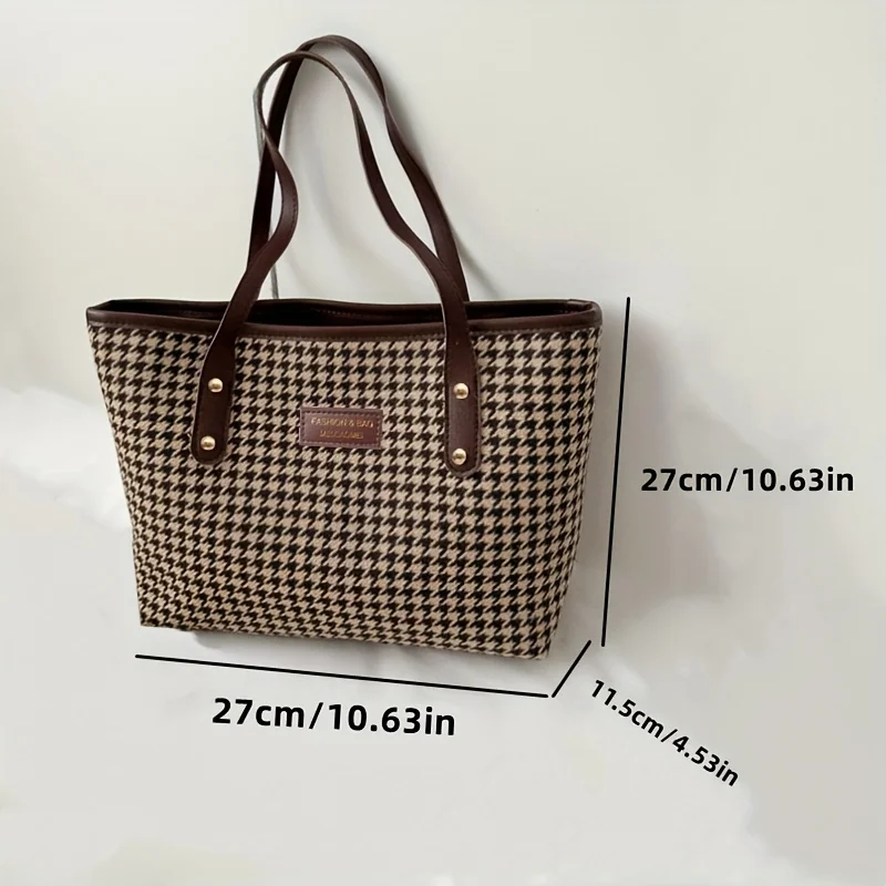 Lässige Tragetasche mit Hahnentrittmuster, Große Schultertasche mit Braunen Lederriemen, Vielseitig für Alltag und Ausflüge – Detail 13
