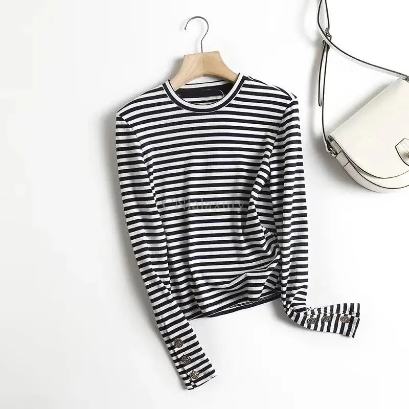 CNlalaxury Spring Autumn Woman Casual Stripes Long Sleeves Knitted T-shirt Crew Neck Slim Pullover Top Simple O-neck T-shirts