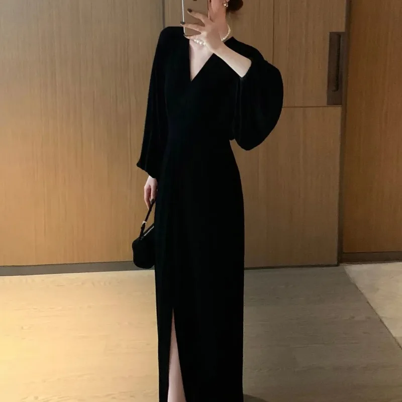 Damen Vintage Hong Kong Style Schwarzes Maxikleid V-Ausschnitt Langarm Acetat Tailliert mit Schlitz Elegantes Abendkleid