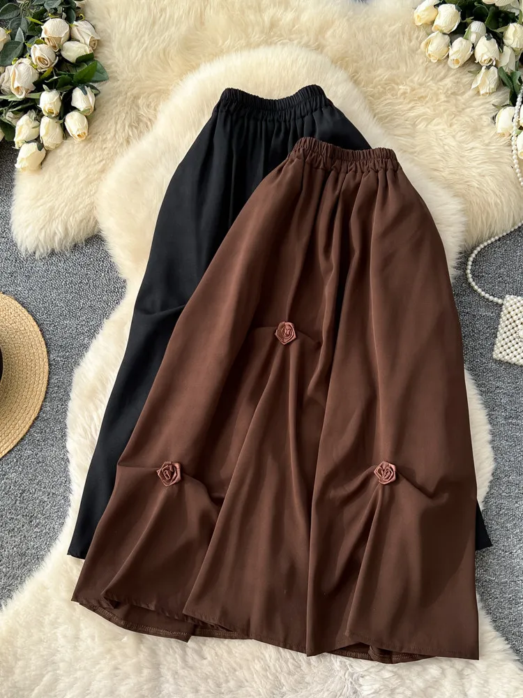 Women Brown A-line Mid Long Skirt Vintage Solid Color Skirt Harajuku Korean Style Y2k 3D Floral Skirts 2000s Clothes Summer 2026