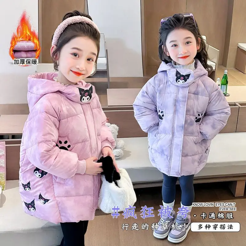 Winter Kawaii Kuromi New Kids Clothing Girls Cartoon Fashion Princess Long-Style Hooded Jacket Anime Thicken Warm Cute Coat Gift