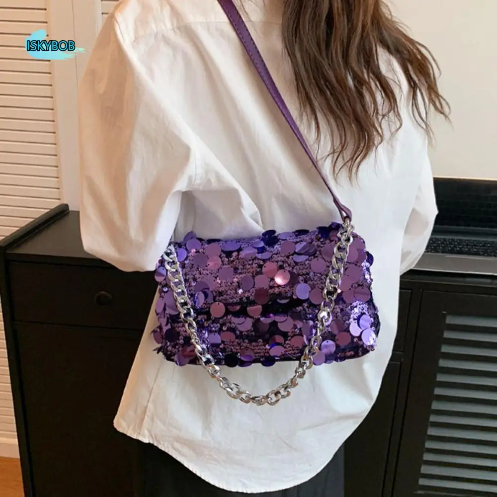 

Casual Shiny Evening Banquet Bag Handbag with Round Handle Sequin Shoulder Bag Chain Mini Square Bag Wedding
