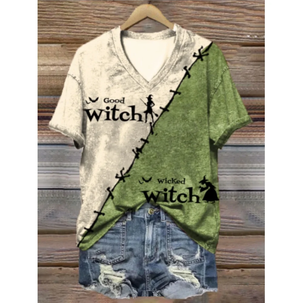 Fashion Witch Print Tshirt V-Neck Short Sleeves Green Women\'s Tshirts Summer Casual Oversize Clothing 2024 Halloween New Clothes