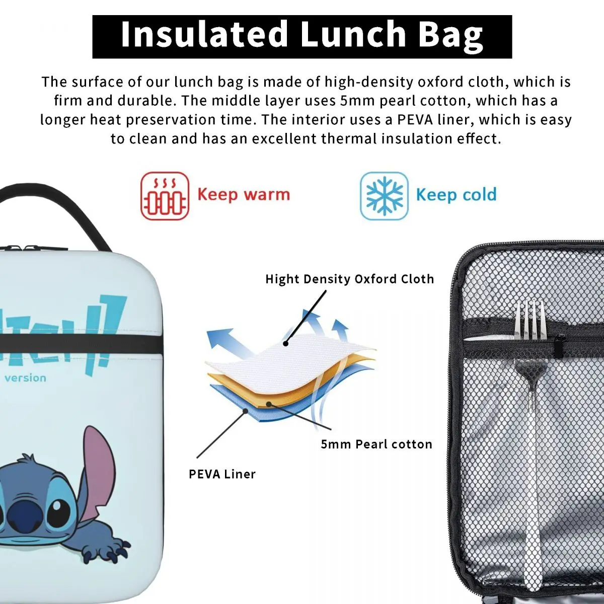 Stitch Insulated Lunch Bag Food Bag Portable Cooler Thermal Lunch Boxes For School Office