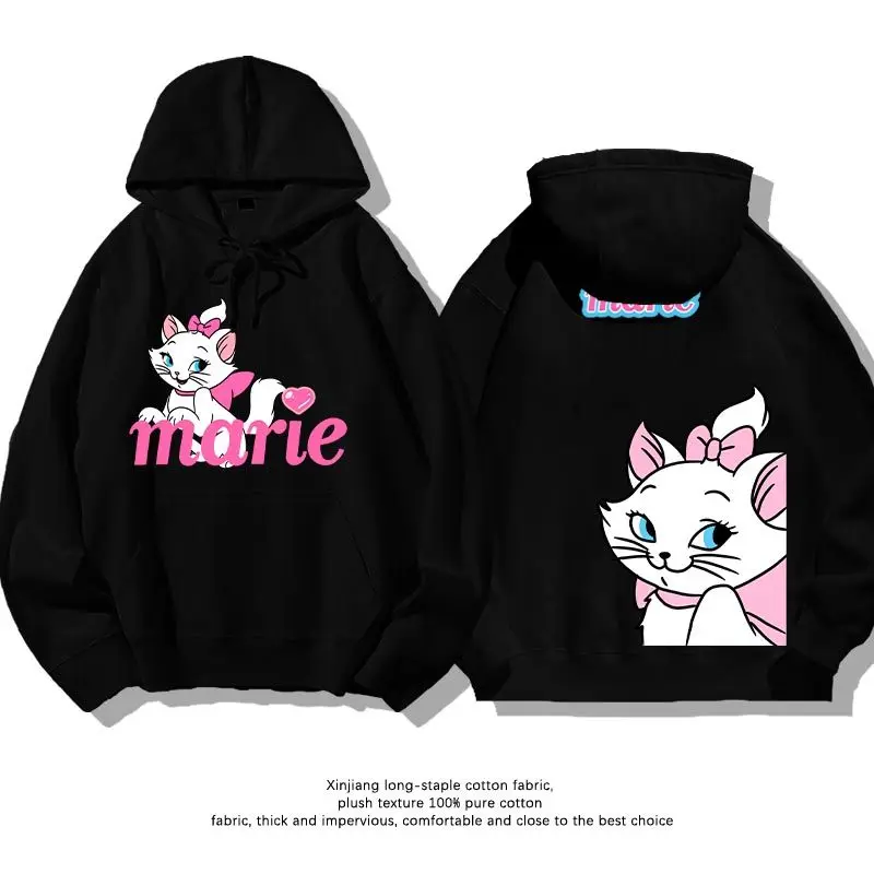 Sudadera con capucha negra de Disney Marie para mujer y niño, sudadera de algodón con lazo rosa, diseño de flor de cerezo, texto de Marie, fondo naranja, 2025