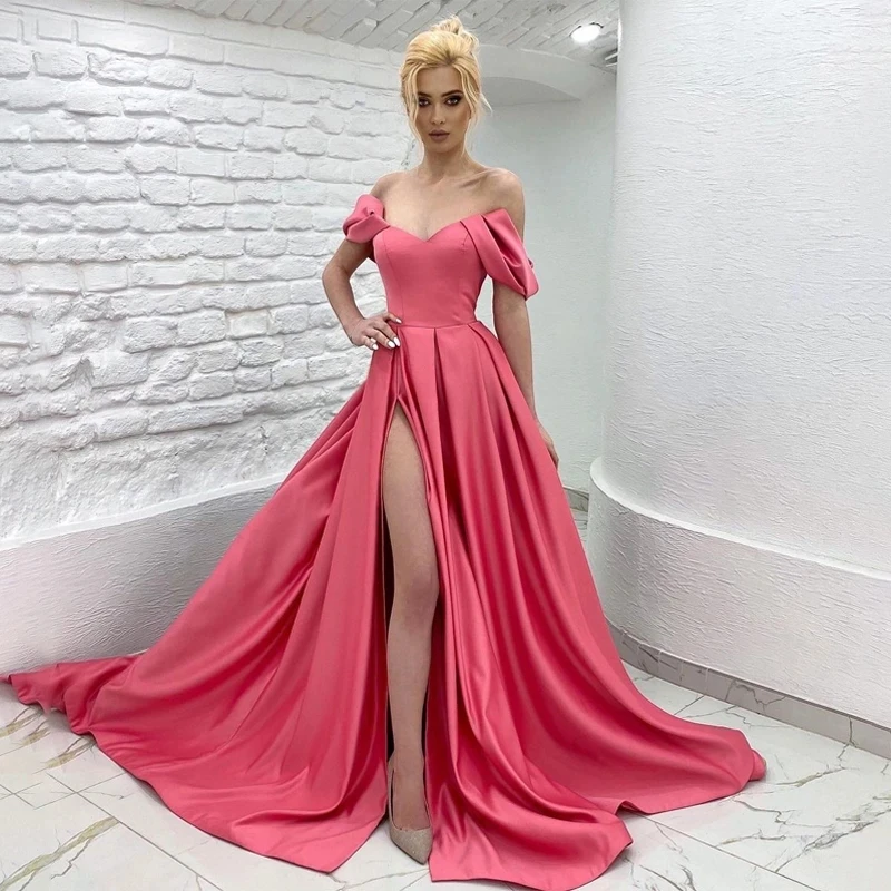 

Sweetheart Satin Prom Gowns Women Formal Party Night Robe De Soiree Off Shoulder Sexy Split Zipper A-Line Evening Dress