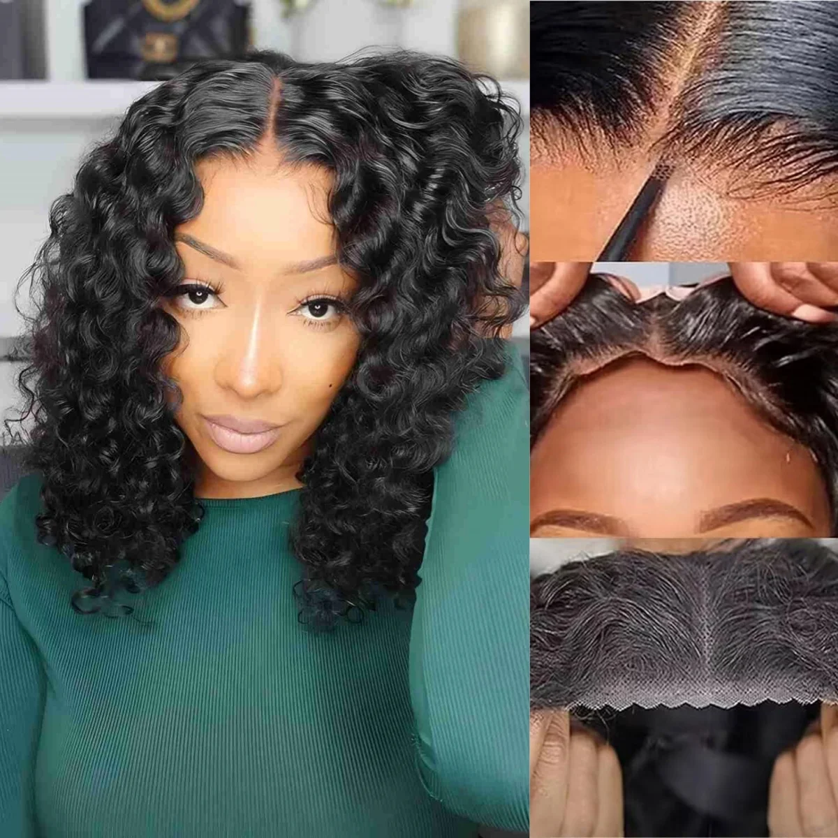 

Glueless Deep Wave Wigs Human Hair Wear and Go Pre Cut 4x4 Lace Closure Bob Wigs Brazilian Hair Put On and Go Curly Bob Wig