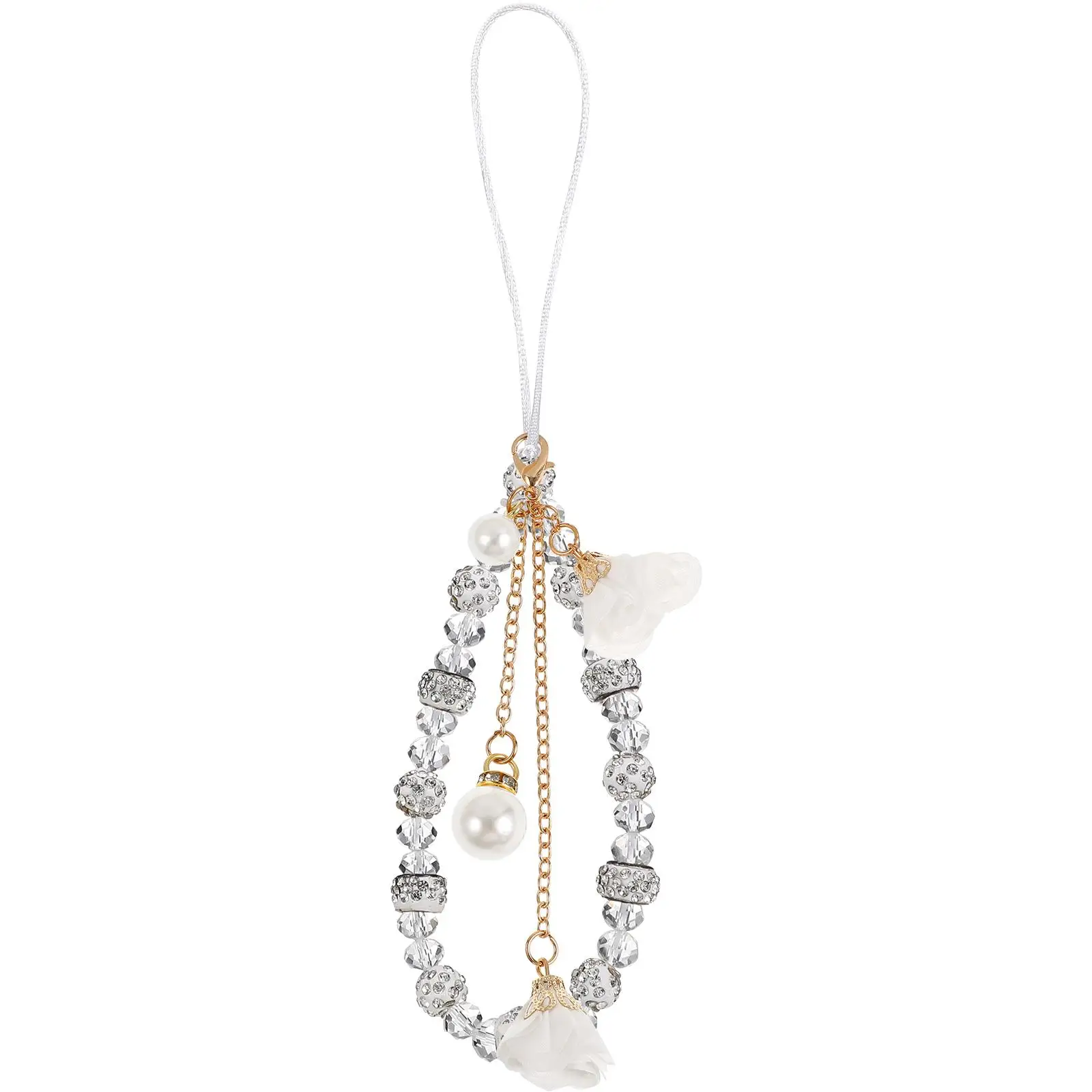 

Crystal Beads Charm Chain White Detachable Flower Pendant Anti Lost Lanyard Mobile Decorative Bracelet Wrist Strap Accessories