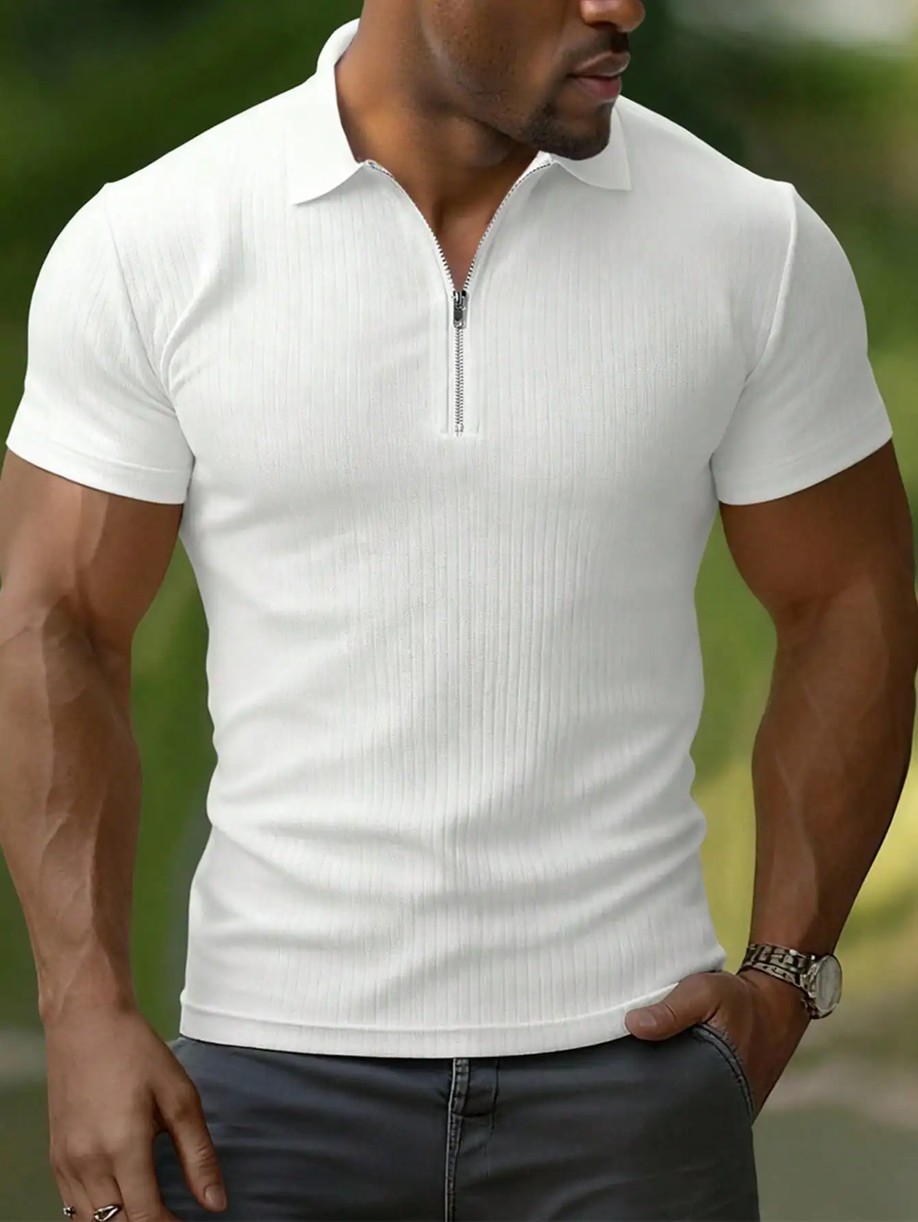 

Men's White Short Sleeve Ribbed Zipper Polo Shirt, Fitted Casual Design