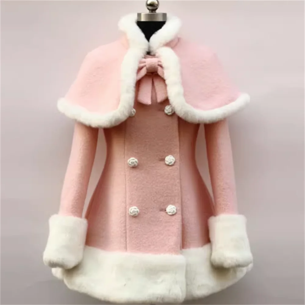 

Winter white pink fur shawl double-breasted woolen coat