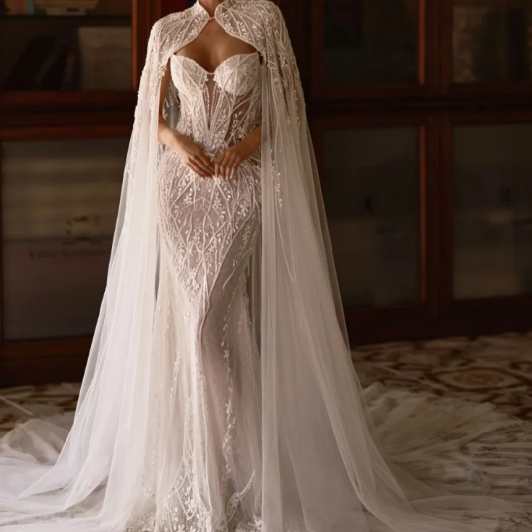 

Luxury Sparkling Beaded Lace Wedding Dress With Cape Illusion Dresses For Bride Elegant Mermaid Long Bridal Gown Customized