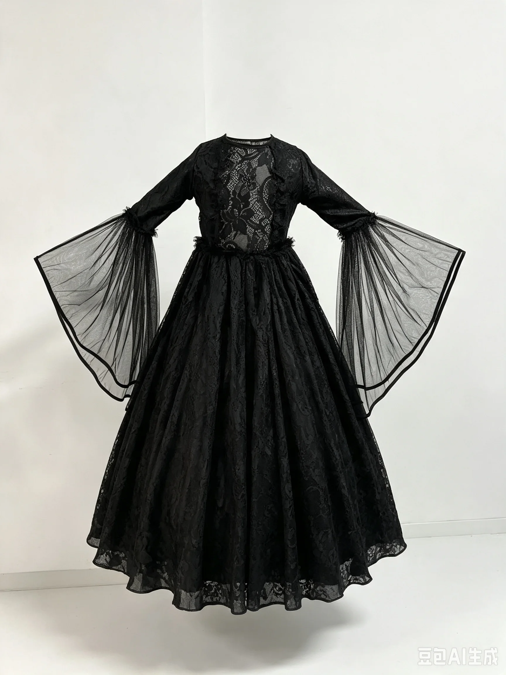 Mädchen Gothic Dark Fallen Kostüm Spitzen-Tüll Langes Kleid für Halloween Cosplay Geburtstag Karneval Bühnenparty – Detail 18