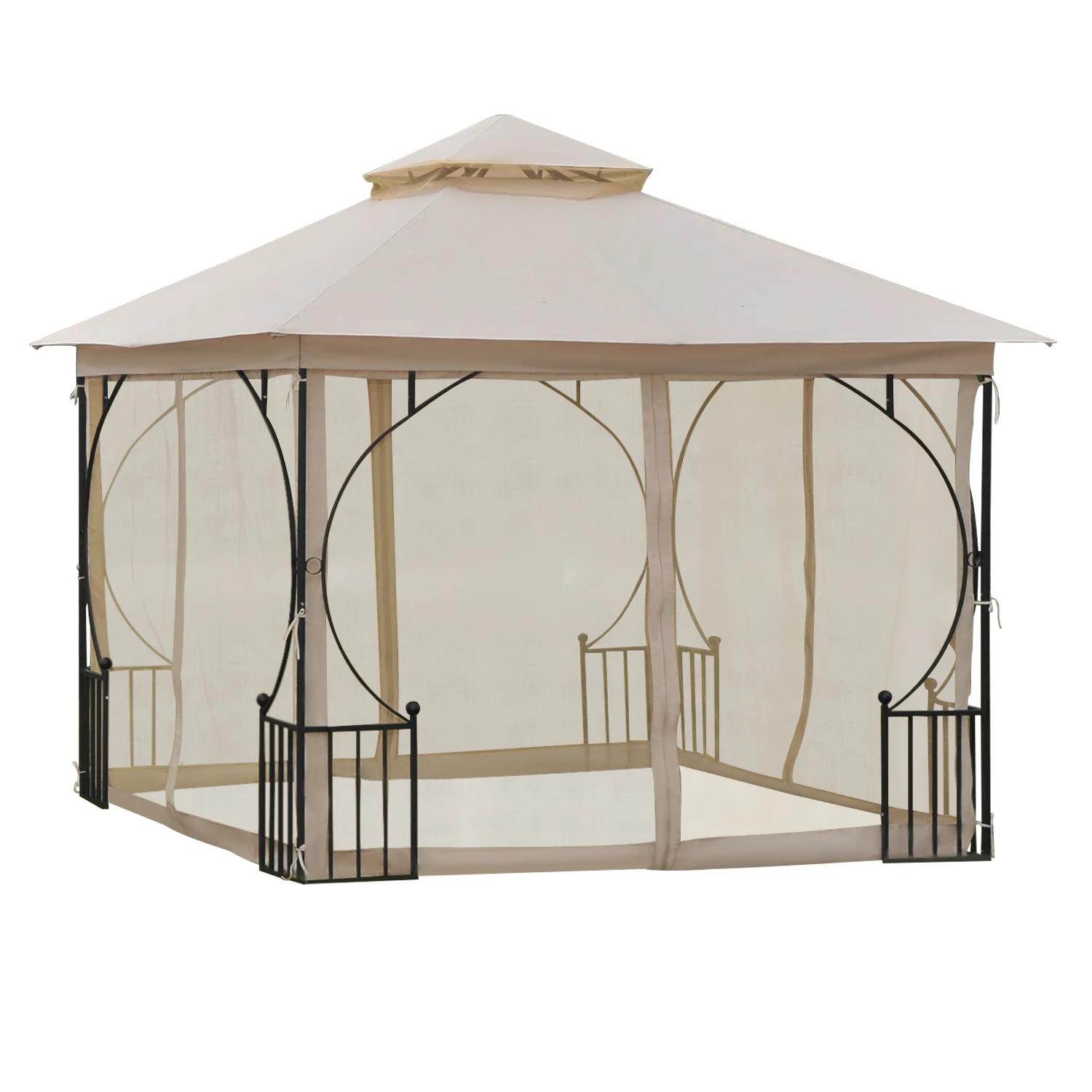 Tente de jardin, 295 x 295 x 275 cm, double toit, moustiquaire, 8 œillets, bon flux d'air, polyester, beige/noir.