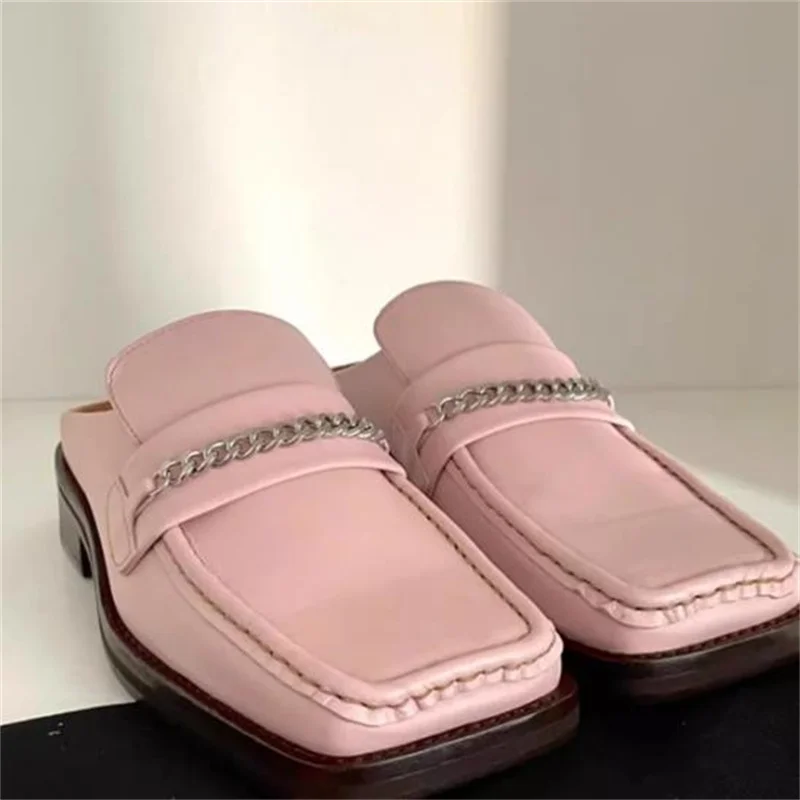 

Chain Shoes for Women Square Toes Ladies Pleated Chassure Sewing Lines Female Mules Low Heels Stitching PU Leather Zapatos Mujer