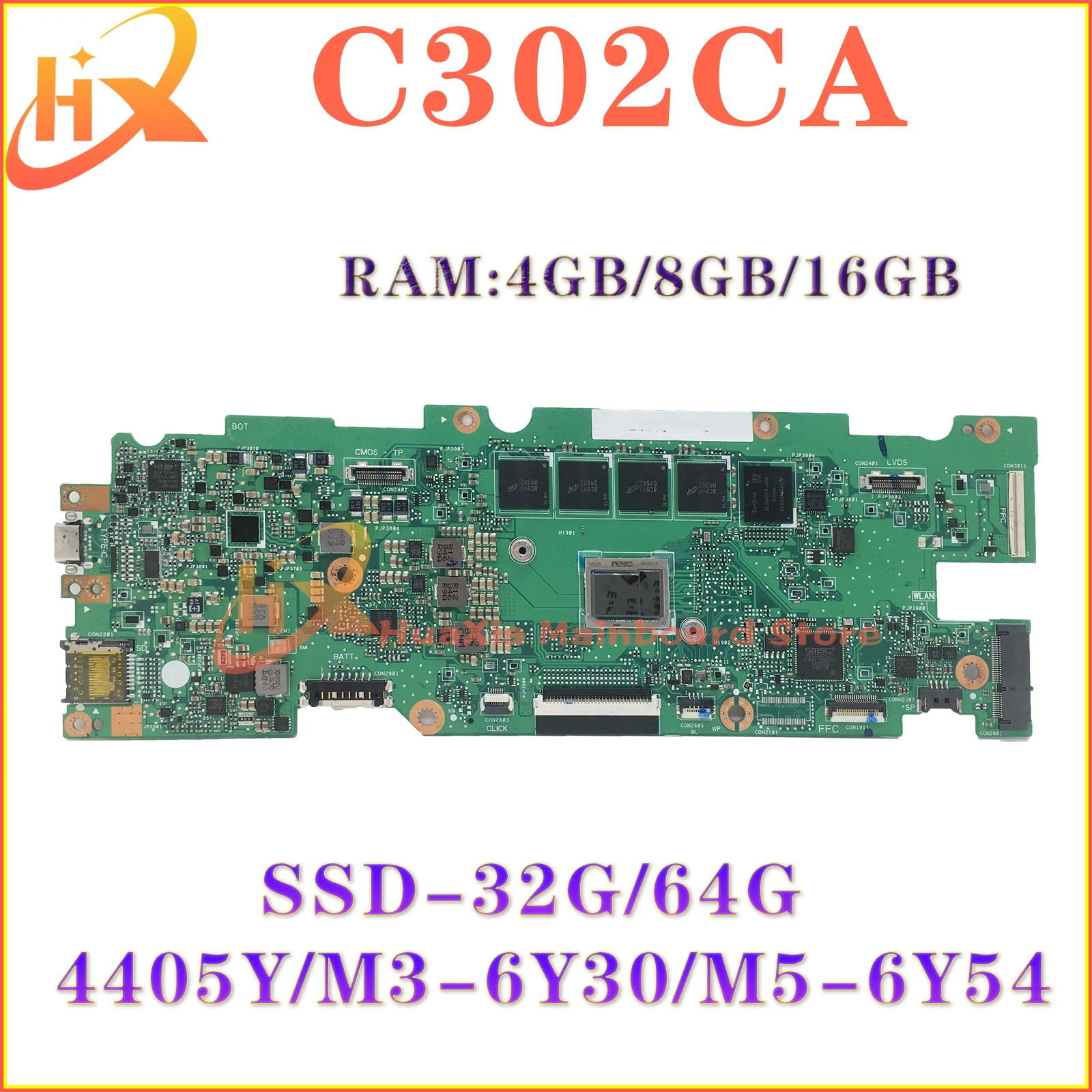 

C302CA M3-6Y30/M5-6Y54/M7-6Y75 CPU 4GB/8GB/16GB-RAM 32GB/64GB-SSD Laptop Motherboard For ASUS Chromebook C302C C302CA Mainboard