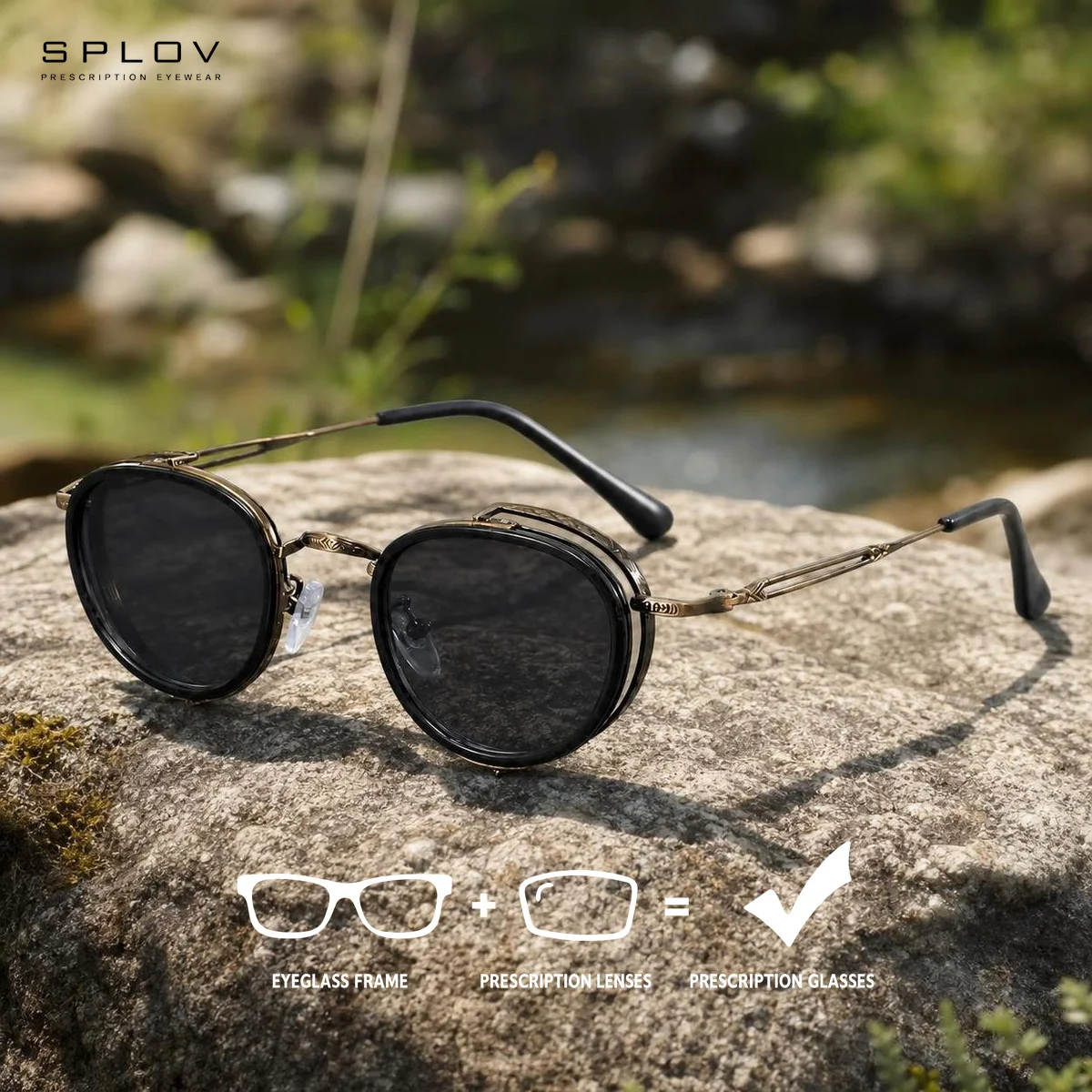 SPLOV Retro Round Frame Progressive Prescription Sunglasses Custom Blue Light Protection Photochromic Polarized Sunglasses