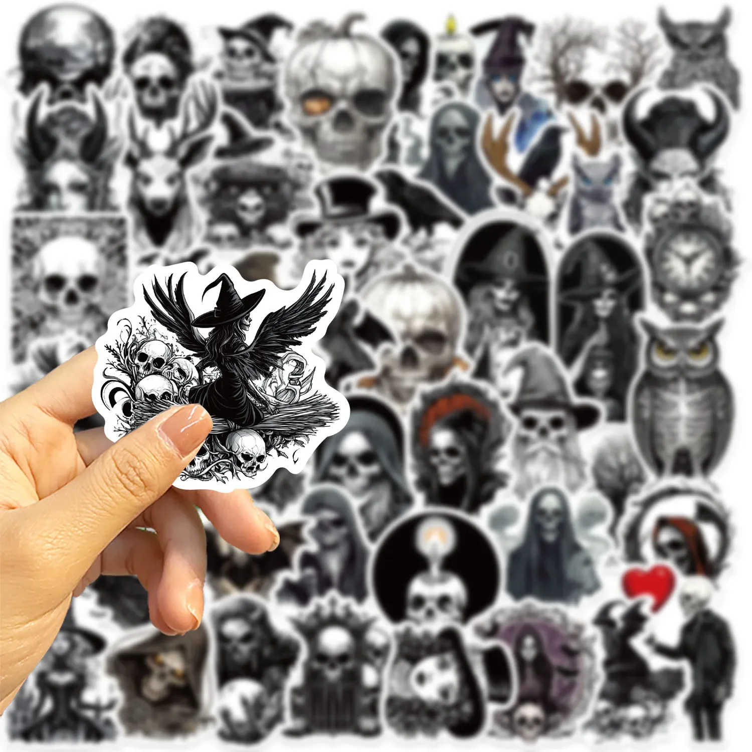 50 Pcs Cartoon Black & White Skeleton Graffiti Stickers Decorate Guitar Notebook Luggage DIY Waterproof Stickers For Gifts