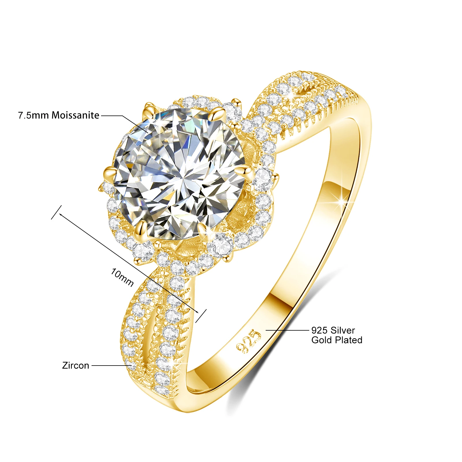 Vintage Kronen-Halo-Ring 18K vergoldet 925 Silber Runder Moissanit-Mittelstein Verlobungs- und Hochzeitsschmuck Geschenk für Frauen – Detail 1