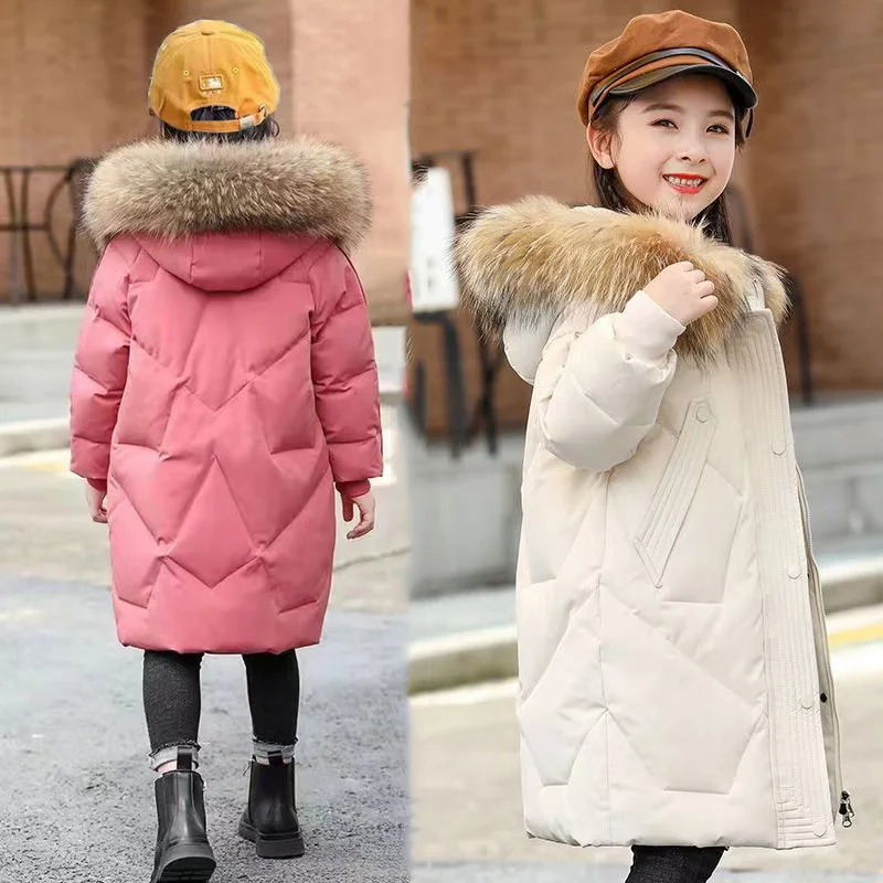 

Winter Girls Down Coat Children Fur Collar Hooded Jackets Teenager Long Style Fashion Outerwear Kids Thicken Warm Parkas 5-14Y