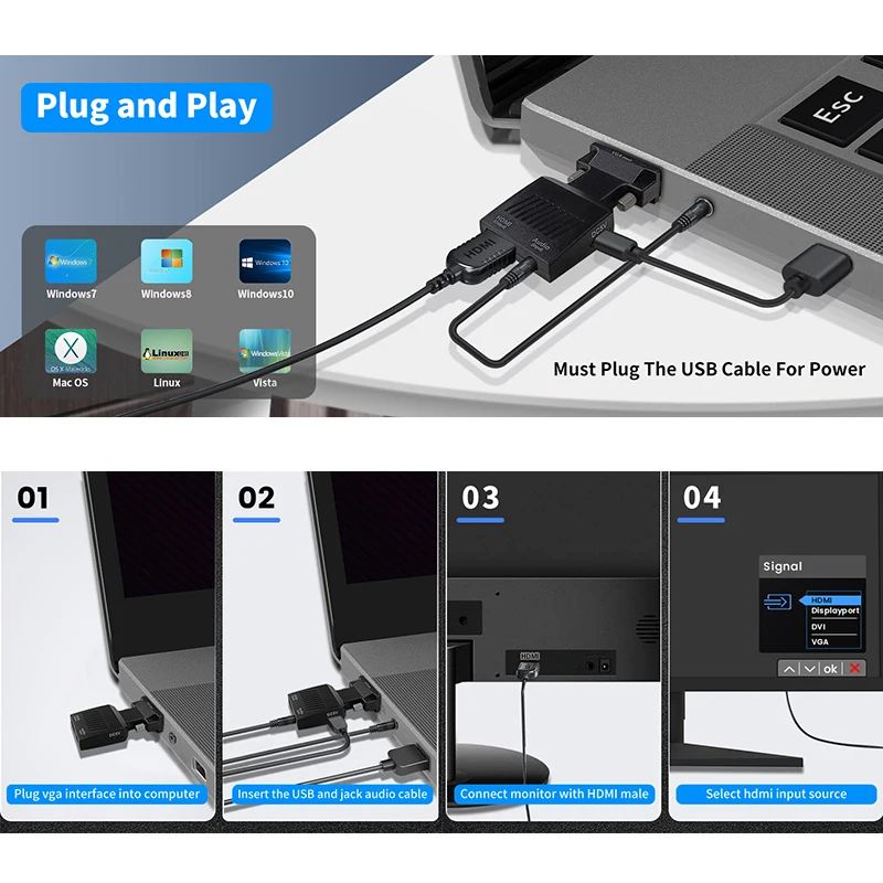 Convertitore adattatore compatibile da VGA a HDMI 1080P con cavo audio da 3,5 mm per PC portatile a proiettore HDTV Convertitore audio video