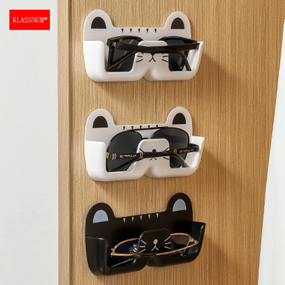 KLASSNUM Glasses Organizer Holder Cartoon Cat Wall Mount No-Punch Sunglasses Myopia Reading Glasses Wall Display for Women Kids