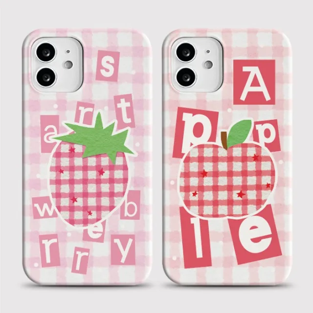 

Pink Plaid Fruit Letters Phone Case for iPhone 17 16 15 14 13 12 11 Air Pro Max X XS XR XSMax 7 8 Plus Glossy Film Hard PC Cover