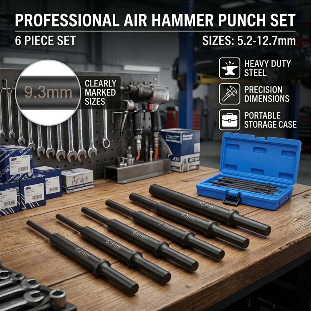 6Pcs 7 Inch Extra Long Air Hammer Punch Set 5.2-12.7mm CR-V Heavy Duty Pneumatic Pin Punch Tool for Auto Bolt Rivet Removal Box