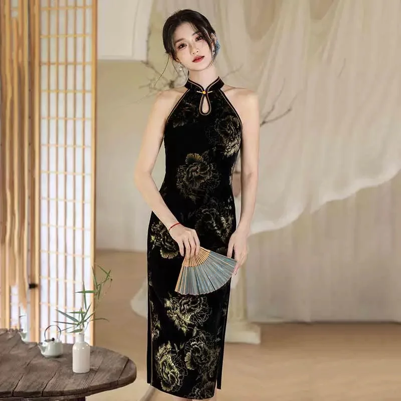 

High End Black Dress with French Temperament Black Velvet Banquet Dress Long Skirt for Women in Summer Qipao