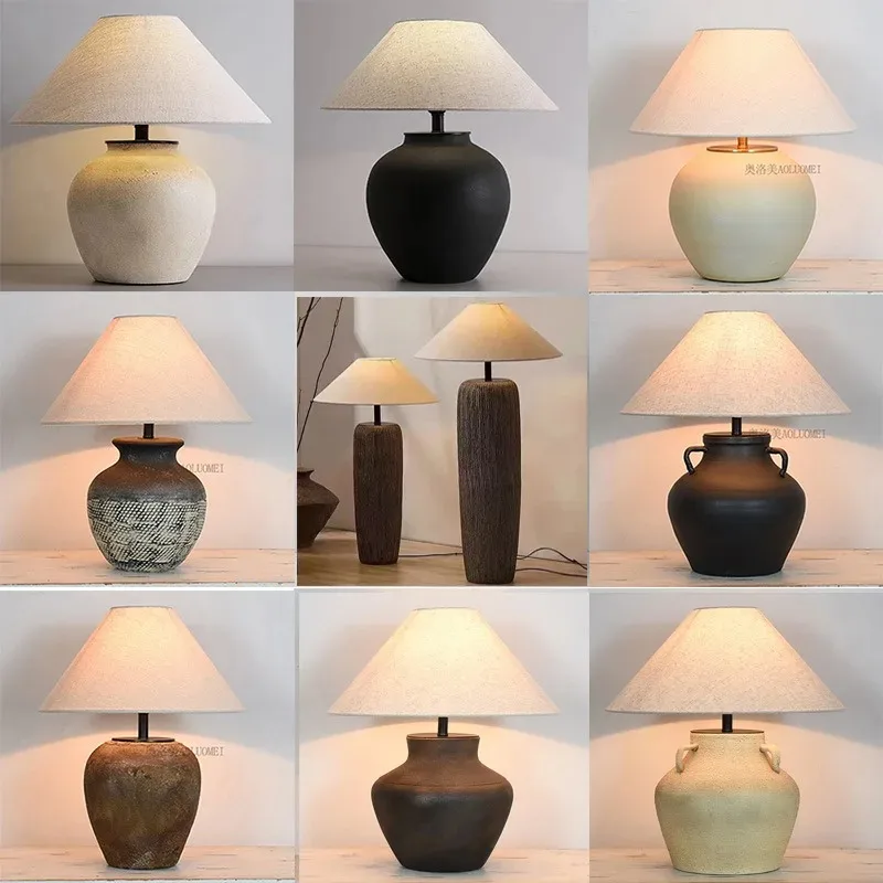 Lámpara de mesa de cerámica de estilo japonés, cerámica rugosa de estilo chino, sala de estar, hotel, cama y desayuno, lámpara de noche para dormitorio, decoración