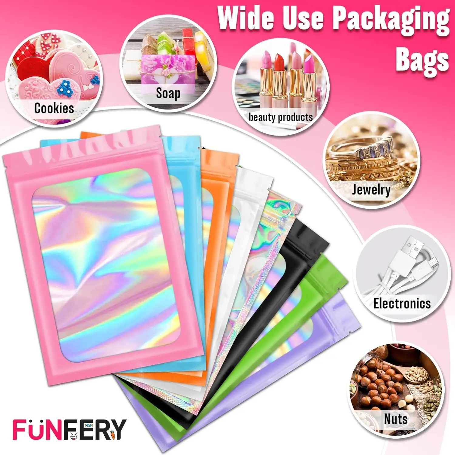 300 Pack 3 Size Mylar Holographic Bags with Clear Window,Resealable Bags Smell Proof Bags Sample,Small Business