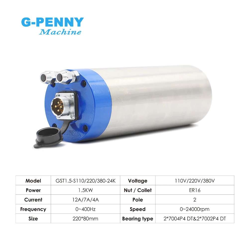 G-Penny 220v/380v 1.5kw ER16 Water Cooled Spindle 400Hz Water Cooling Spindle Motor 80x220mm 4 bearings CNC Engraving Drilling