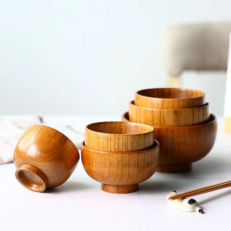 Handmade Wood Bowl for Rice Soup Sauce Dipping Wooden Dinnerware Unbreakable Round Wooden Bowls 7 Size Assorted