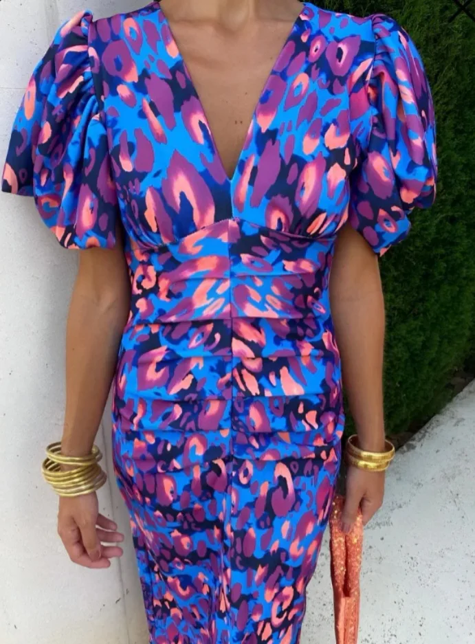 

2025 New Printed V-neck Casual Tight-fitting Hip-wrapped Waist Bubble Short-sleeved Dress