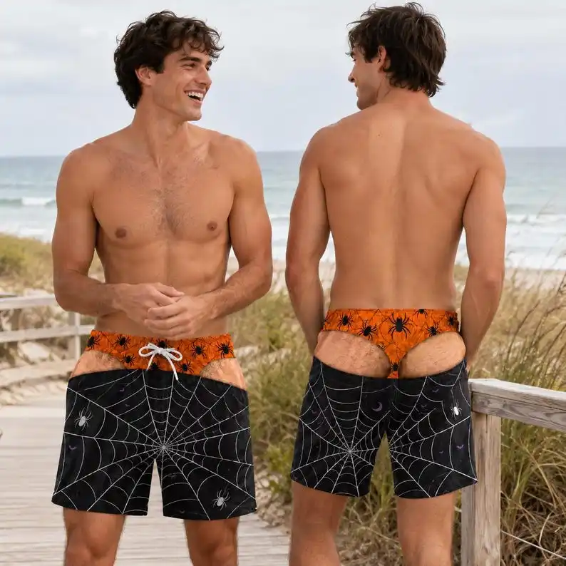 Men's Fun and Novel Swimsuits, Fake Hairy Buttocks Lava Shark Print Beach Pants, Pool Party Beach Wear Party Gifts for Halloween