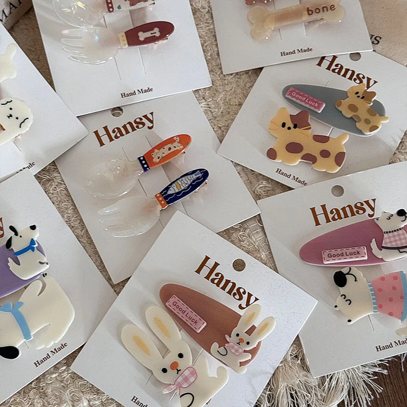 2pcs/Set New Hair Clip Animal Cute Dog Puppy Bone Rabbit Hairpin Geometric Barrettes Side Pin Korean Kids Hair Accessories Women