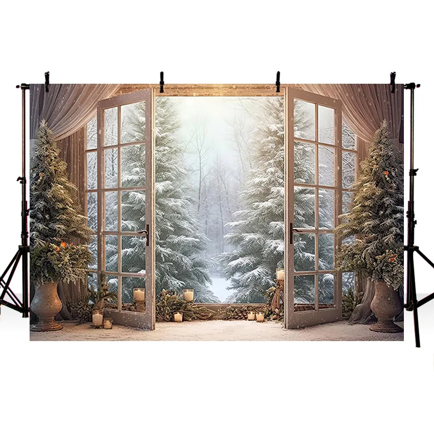 Mehofond Photography Background Christmas Window Winter Snow Forest Xmas Tree Kids Family Portrait Decor Backdrop Photo Studio