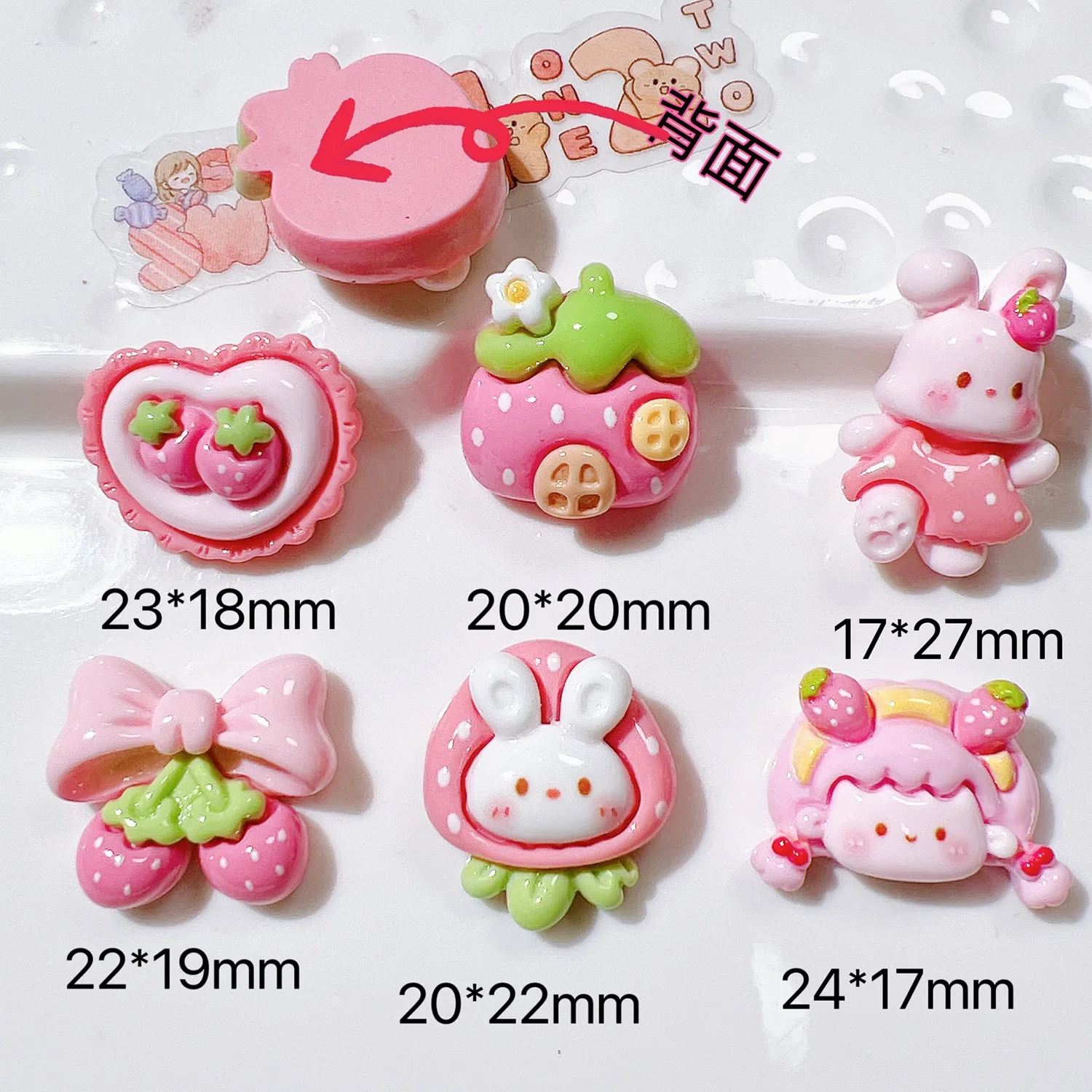 10Pcs Cute Resin Cartoon Pink Strawberries, Rabbits Flat Back Cabochons Scrapbooking DIY Jewelry Craft Decoration Accessories