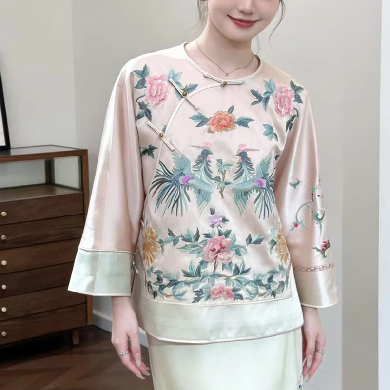 Spring New Chinese Style O-Neck Acetate Fabric Embroidered Phoenix Peony +Contrasting Color Cuffs Elegant Women's Jacket S-XXL