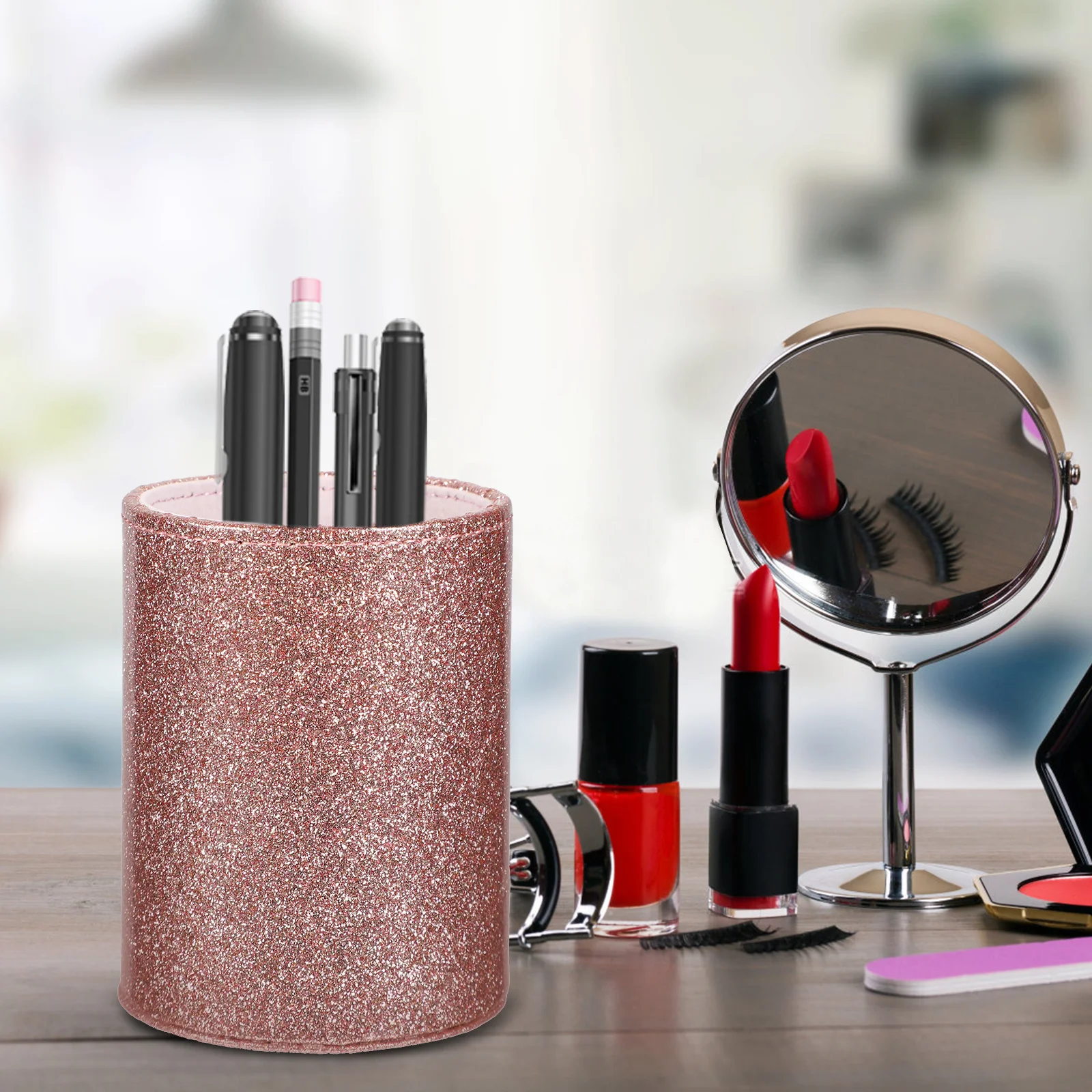 منظم فرش المكياج باللون الذهبي الوردي، دلو تخزين من البولي يوريثان، حامل مكياج محمول، حامل قلم رصاص للسفر والمكتب المنزلي #1