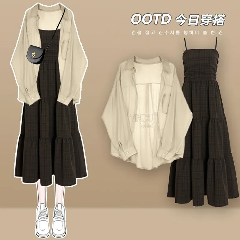 

Women 2026 Spring/Summer New Fashion Sunscreen Shirt+Vintage Strap Skirt Two Piece Suit Korean Elegant Casual Dress Matching Set