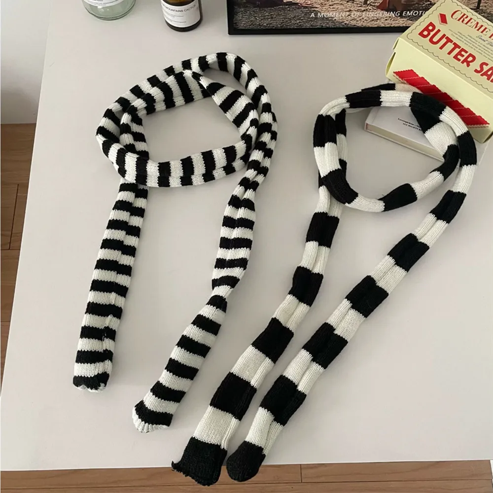 Harajuku Punk Y2k Knitted Narrow Long Scarf Fashion Grey Red Black Striped Scarves Choker Women Warm Scarf Shawl Streetwear 2024