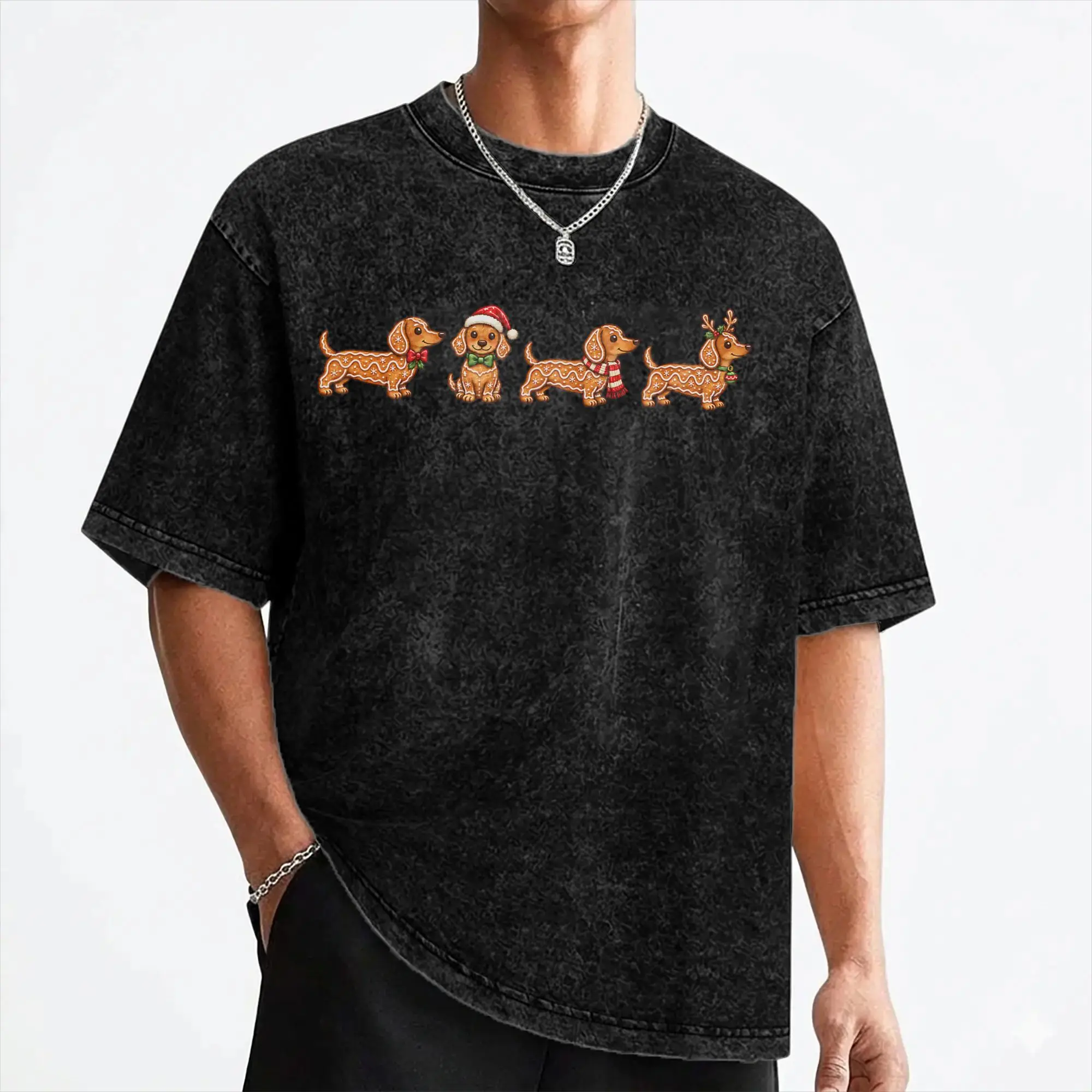 Cartoon Dachshund Christmas Cute Puppies T Shirt Washed Cotton Oversize T-Shirts  Vintage for Men Women Streetwear Summer Tees