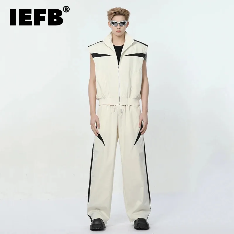 

IEFB Summer New Men's Two-piece Patchwork Casual Zipper Sleeveless Tank Tops Contrast Color Straight Drawstring Pants New 9C6547