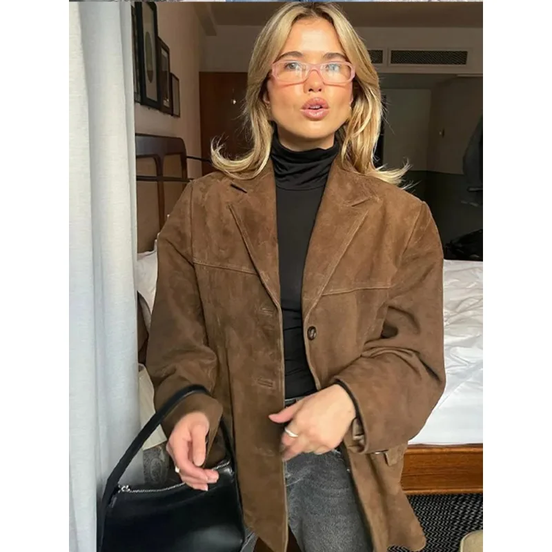 Retro Brown Button-Up Long Sleeve Jacket with Lapel, Street Style